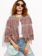 Romwe Pink Collarless Tweed Jacket With Fringe Detail