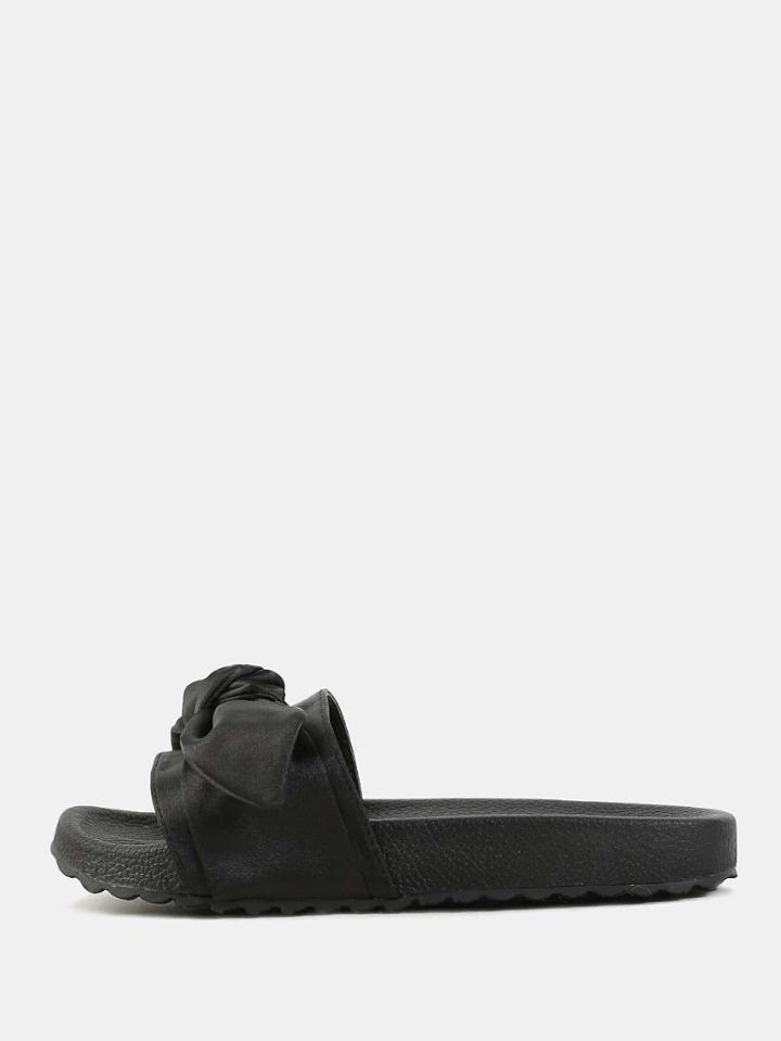 Romwe Bow Tie Satin Slide Sandals Black