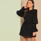 Romwe Leg-of-mutton Sleeve Dot Jacquard Shirt Dress With Belt