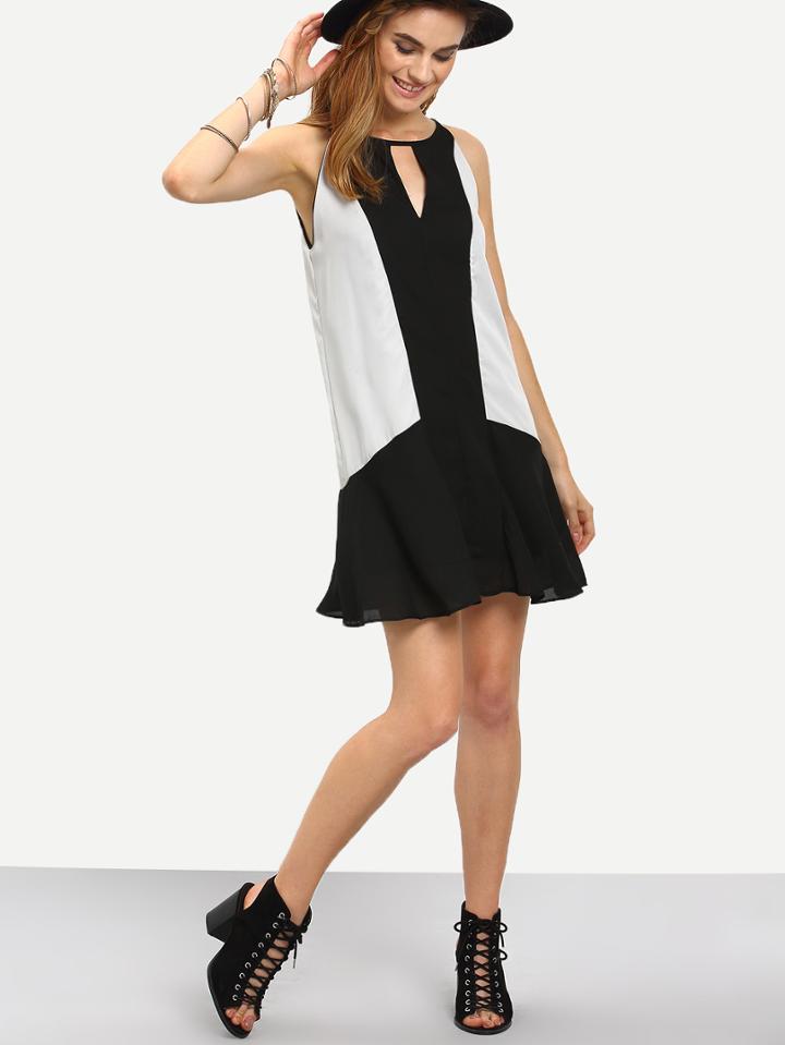 Romwe Contrast Keyhole Neck Ruffle Hem Sleeveless Dress