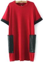 Romwe Contrast Pu Leather Pockets Knit Red Dress