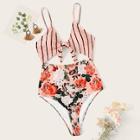 Romwe Floral & Striped Tie Front One Piece Swimsuit