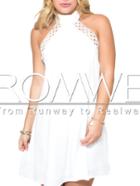 Romwe Cream Cutaway Bow-tie Lattice Crochet Shift Dress