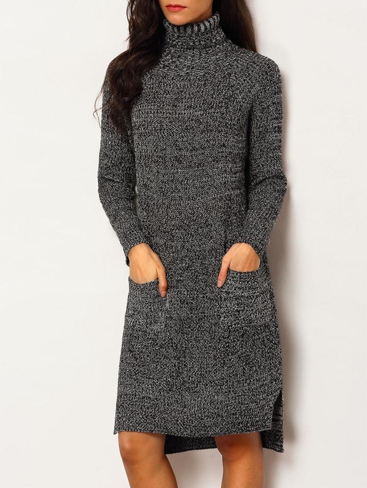 Romwe Turtleneck Dip Hem Split Side Sweater Dress