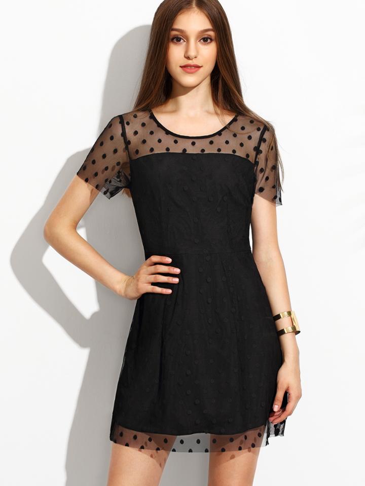 Romwe Black Polka Dot Mesh A Line Dress