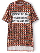 Romwe Multicolor Dip Hem Letters Print T-shirt Dress