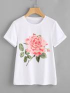 Romwe Rose Print Cuffed T-shirt