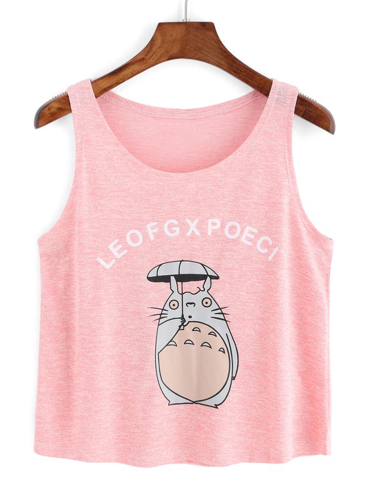 Romwe Cartoon Print Pink Tank Top