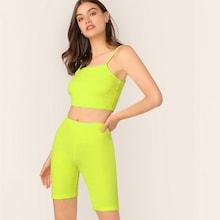Romwe Neon Lime Rib-knit Crop Cami And Leggings Shorts Set