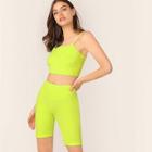 Romwe Neon Lime Rib-knit Crop Cami And Leggings Shorts Set