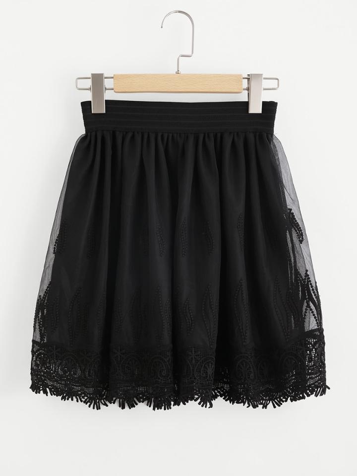 Romwe Crochet Trim Embroidered Mesh Overlay Skirt