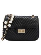 Romwe Black Chevron Quilted Pearl Chain Bag