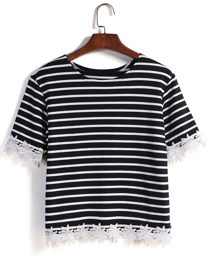 Romwe Striped Lace Embellished T-shirt