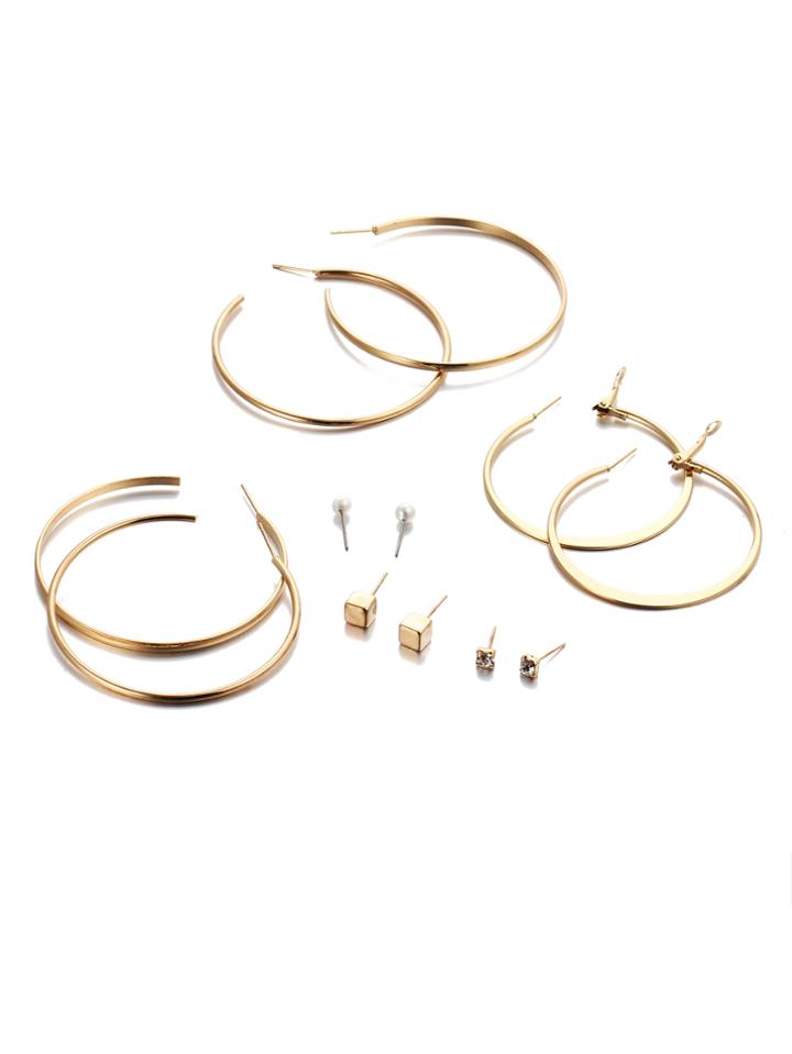 Romwe Gold Hoop And Stud Earring Set