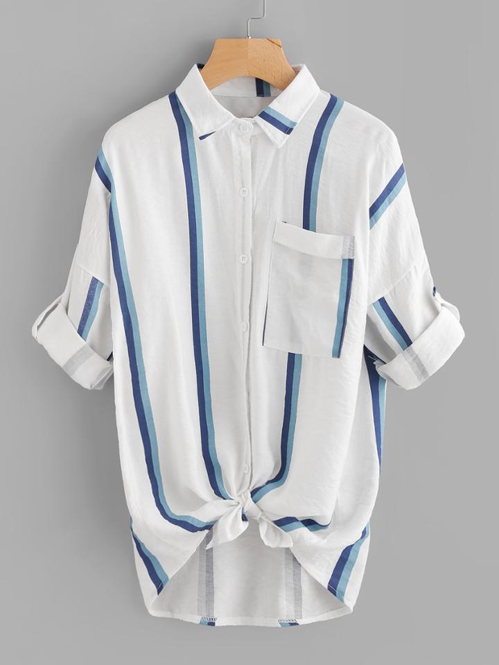 Romwe Striped Knot Front Dip Hem Cuffed Shirt