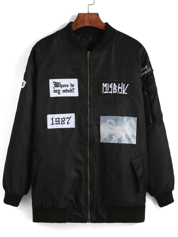 Romwe Letter Embroidered Pockets Zipper Black Coat