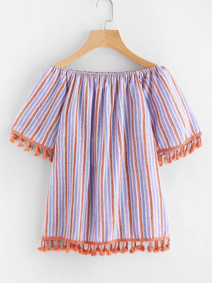 Romwe Vertical Striped Tassel Trim Blouse
