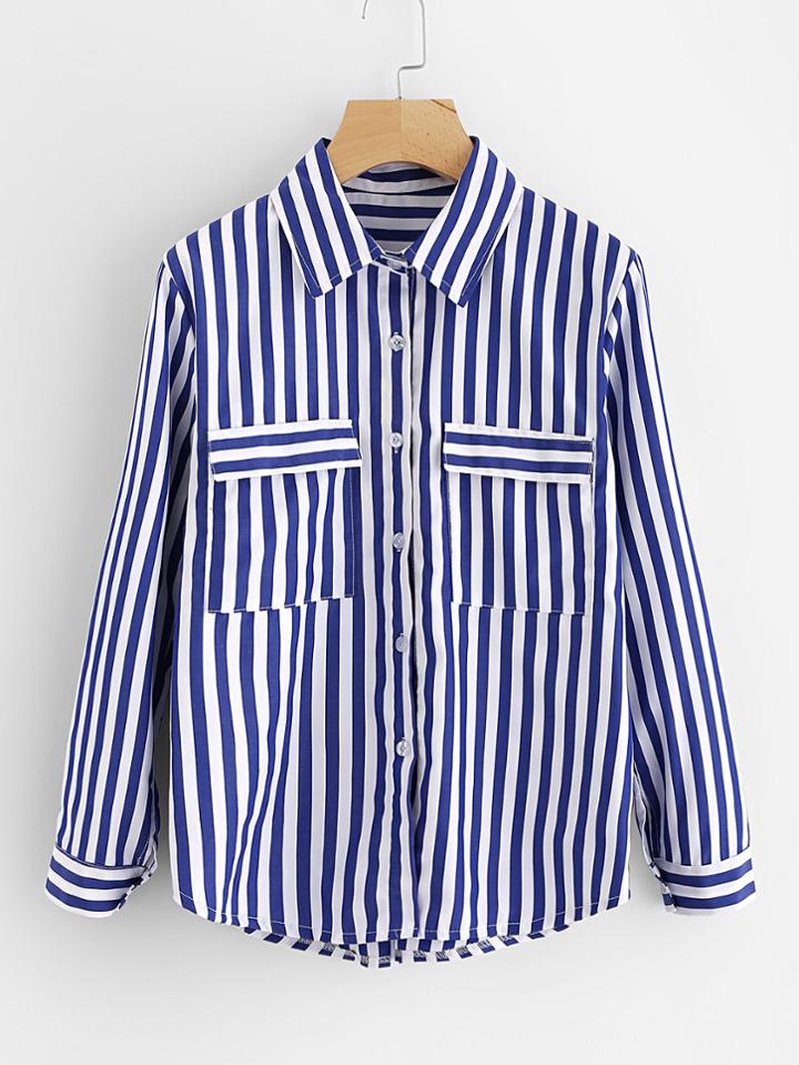 Romwe Contrast Striped Dual Pocket Shirt
