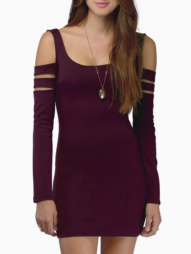 Romwe Open Shoulder Sheath Burgundy Dress