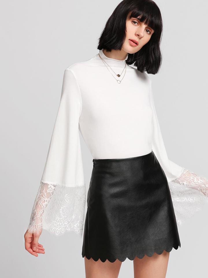 Romwe Lace Trim Fluted Sleeve Top