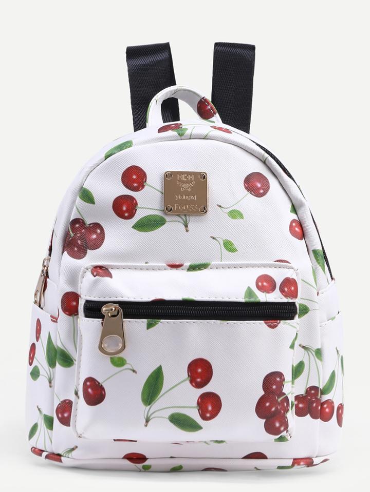 Romwe White Faux Leather Cherry Print Backpack