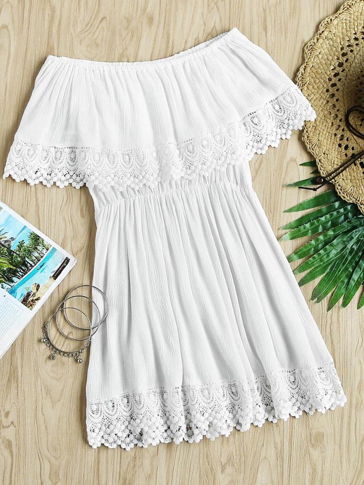 Romwe Flounce Layered Neckline Lace Trim Pleated Dress