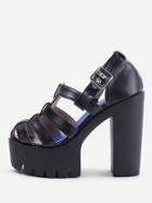 Romwe Black Strappy Pu Chunky Heeled Platform Sandals