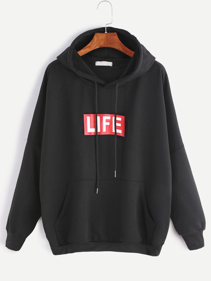Romwe Black Letter Print Drop Shoulder Hooded Pocket Sweatshirt
