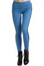Romwe Romwe Solid Color Patched Side Blue Leggings