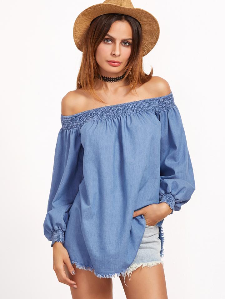 Romwe Blue Off The Shoulder Long Sleeve Blouse