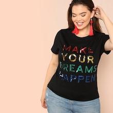 Romwe Plus Contrast Sequin Letter Tee