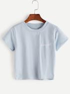 Romwe Blue Letter Embroidered Crop T-shirt