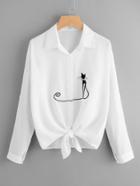 Romwe Drop Shoulder Cat Embroidered Knotted Hem Shirt