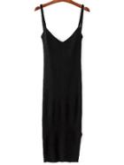 Romwe Black V Neck Side Slit Ribbed Knit Cami Dress