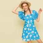 Romwe Floral Print Square Neck Butterfly Sleeve Dress
