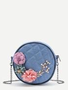 Romwe Applique And Faux Pearl Design Quilted Denim Bag