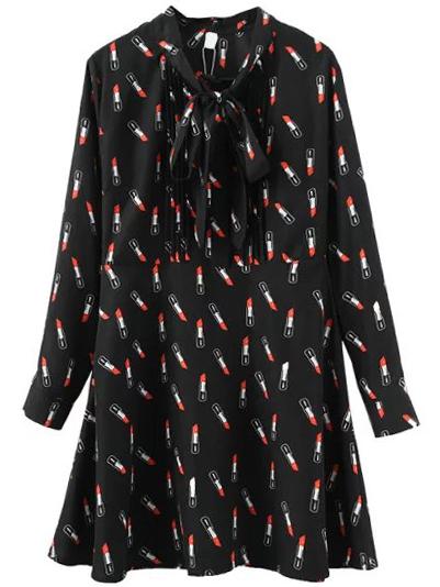 Romwe Lipstick Print Lace Up Shift Shirt Dress