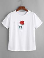 Romwe White Rose Print Ripped T-shirt