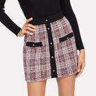 Romwe Solid Trim Button Up Tweed Skirt