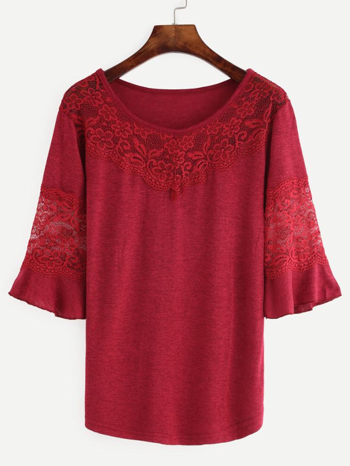 Romwe Burgundy Marled Knit Lace Insert T-shirt