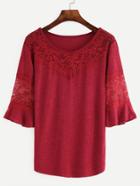 Romwe Burgundy Marled Knit Lace Insert T-shirt