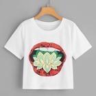 Romwe Plus Floral Lip Print Tee