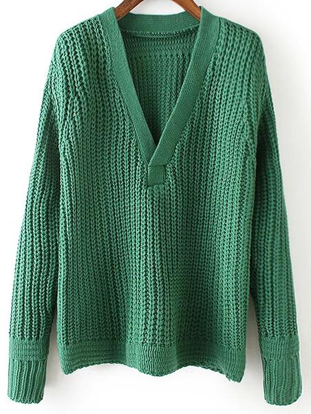 Romwe Deep V Neck Ribbed Green Sweater