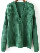 Romwe Deep V Neck Ribbed Green Sweater