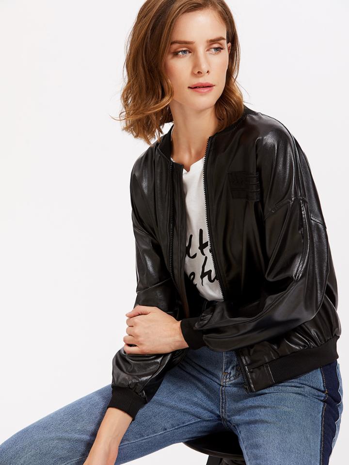 Romwe Drop Shoulder Zip Up Pu Jacket