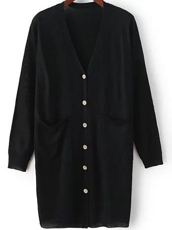 Romwe Pockets Button-down Slit Back Black Cardigan