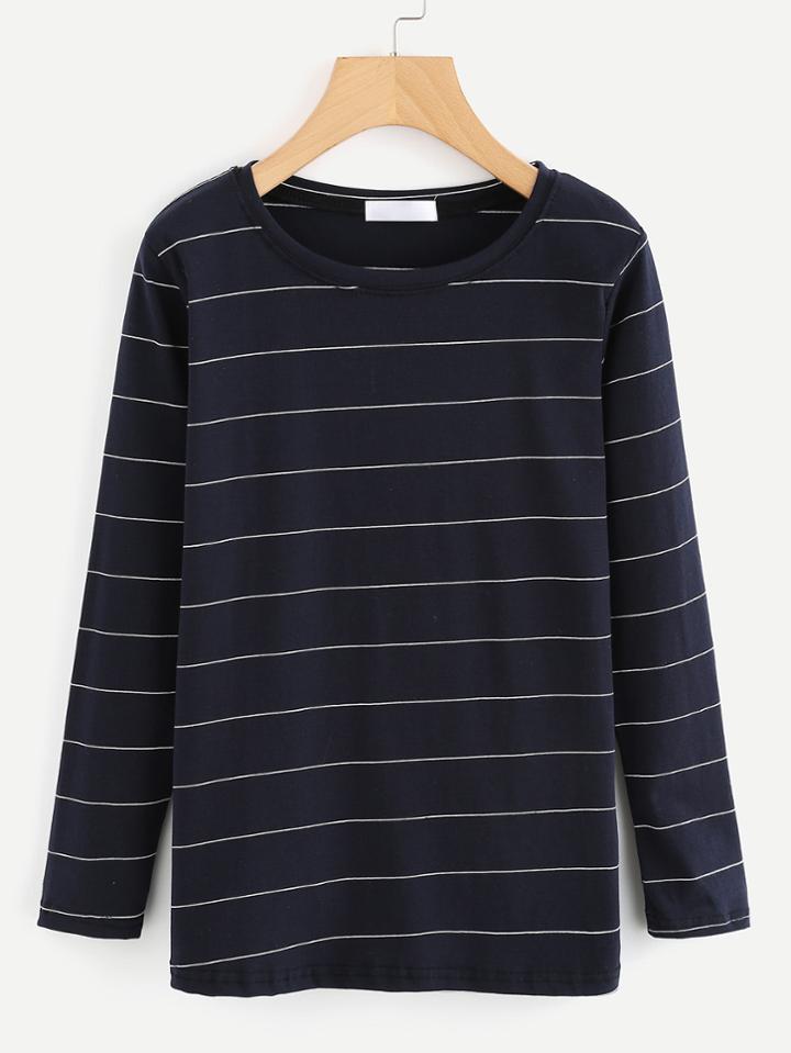Romwe Round Neck Striped Long Tee