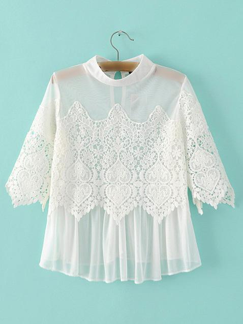 Romwe White Grenadine Lace Key Hole Back Blouse