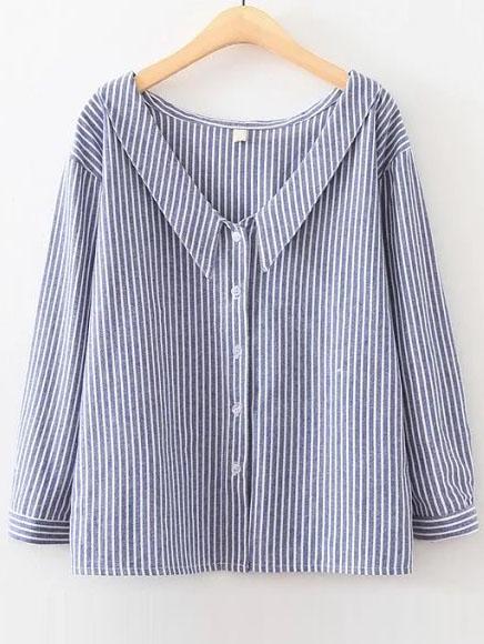 Romwe Blue Vertical Striped V Neck Button Up Blouse