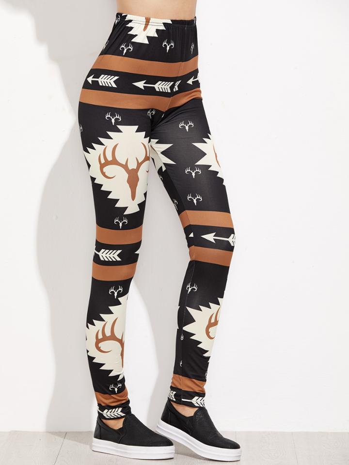 Romwe Black Printed High Waist Leggings